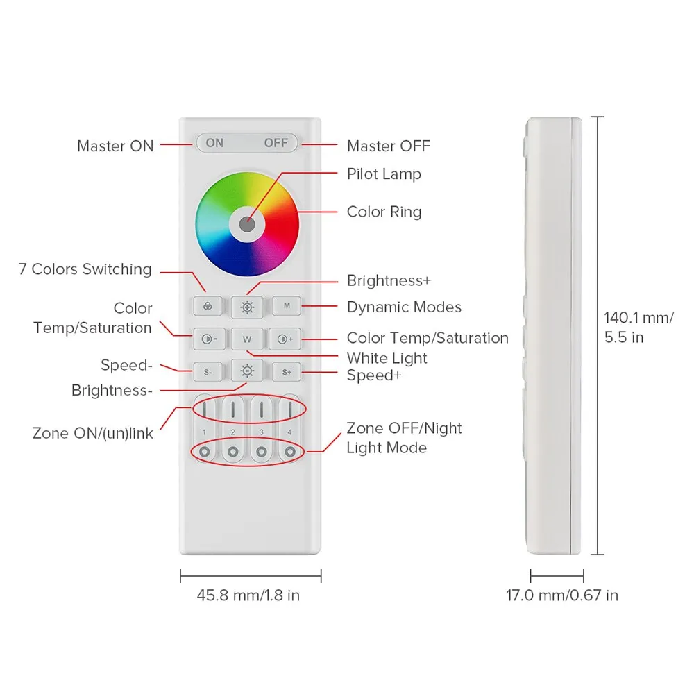 2.4GHz RF Touch Remote for DIM CCT RGB RGBW RGBCCT 4 Zone for C01-05RF C01-05W WB5 LM051 LM052 LM053 Controller DC3V