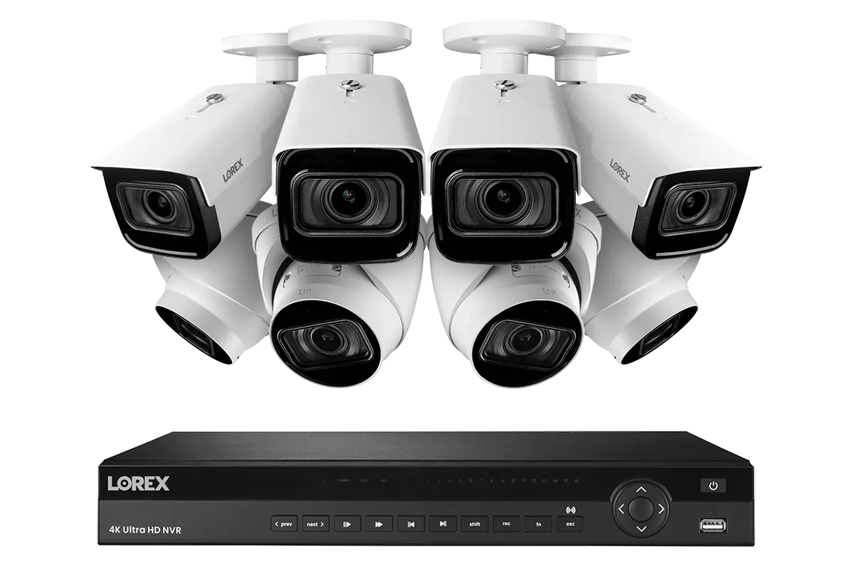 4K Nocturnal IP NVR System with 16-channel NVR, Four Audio Dome and Four Bullet 4K Smart IP Motorized Zoom Security Cameras and Real-Time 30FPS Recording