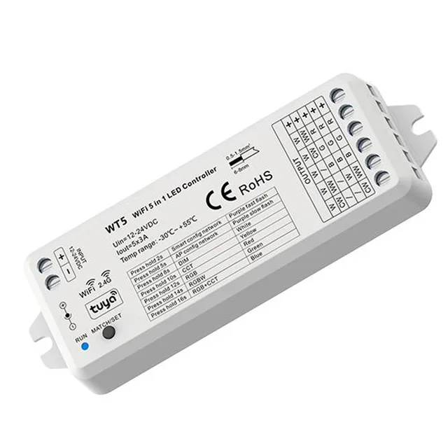 5050 RGBCCT LED Light Strip Controller 5CH 2.4GHz 2835 5050 5IN1 RGB CCT CW WW DC12V 24V Max 600W 30m