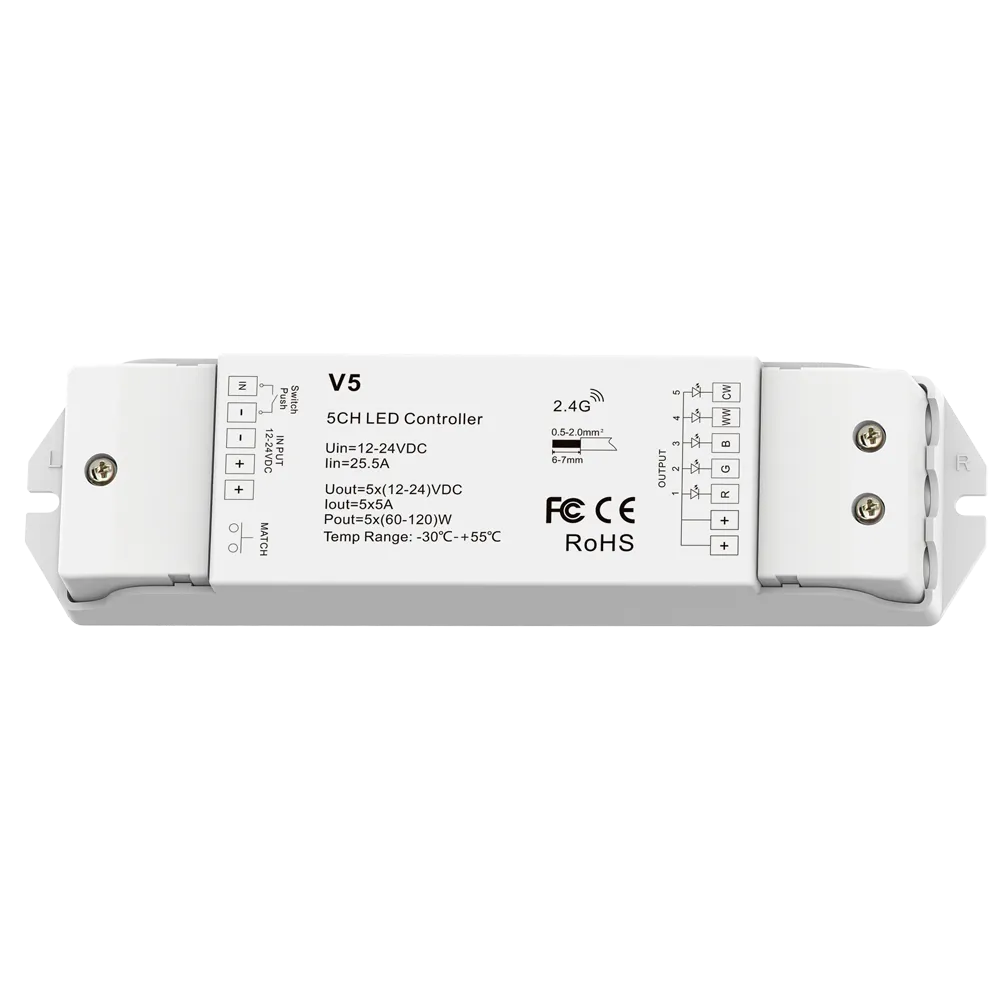 5050 RGBCCT LED Light Strip Controller 5CH 2.4GHz 2835 5050 5IN1 RGB CCT CW WW DC12V 24V Max 600W 30m