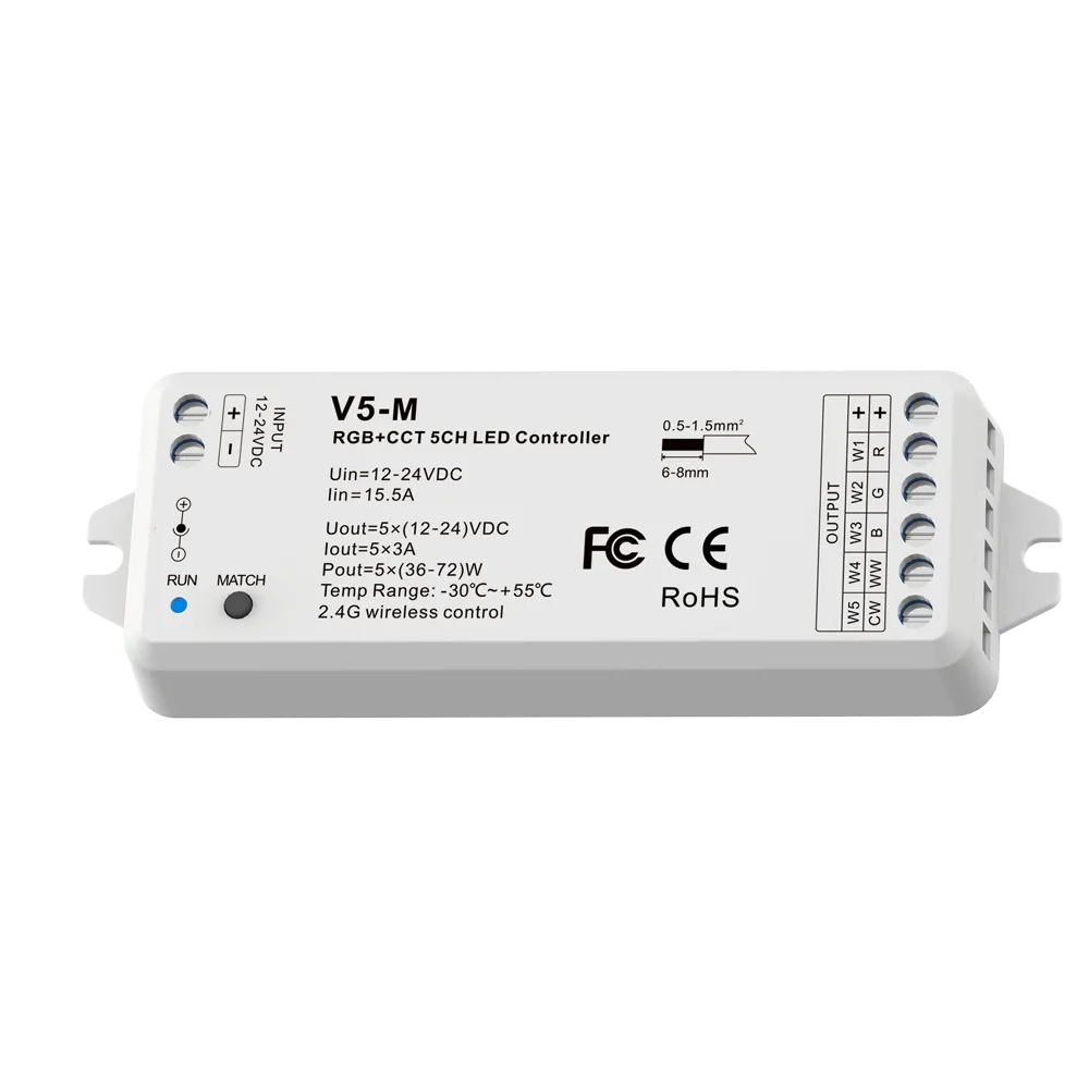 5050 RGBCCT LED Light Strip Controller 5CH 2.4GHz 2835 5050 5IN1 RGB CCT CW WW DC12V 24V Max 600W 30m