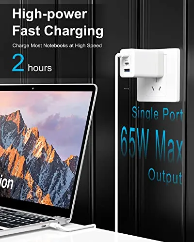 Amlink 65W USB C Charger - 3 Port GaN III Fast Charging Block, Support PPS PD 3.0 USB C Wall Charger, Compact Foldable Plug Wall Charger Adapter for MacBook, iPad, iPhone, Galaxy, etc