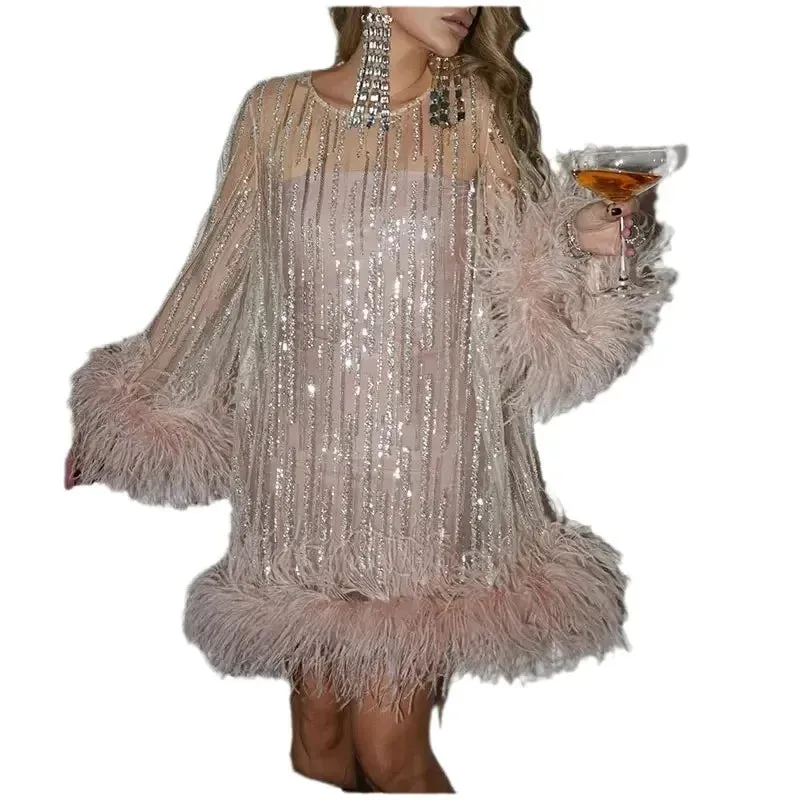 Amozae-2024 New Mini Dress Pink Party Gown Flare Sleeve Dress Camel Bird Feathers Sequins Lightweight A- line Mini