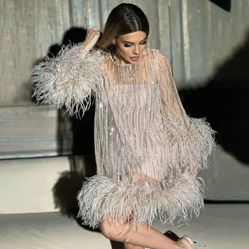 Amozae-2024 New Mini Dress Pink Party Gown Flare Sleeve Dress Camel Bird Feathers Sequins Lightweight A- line Mini