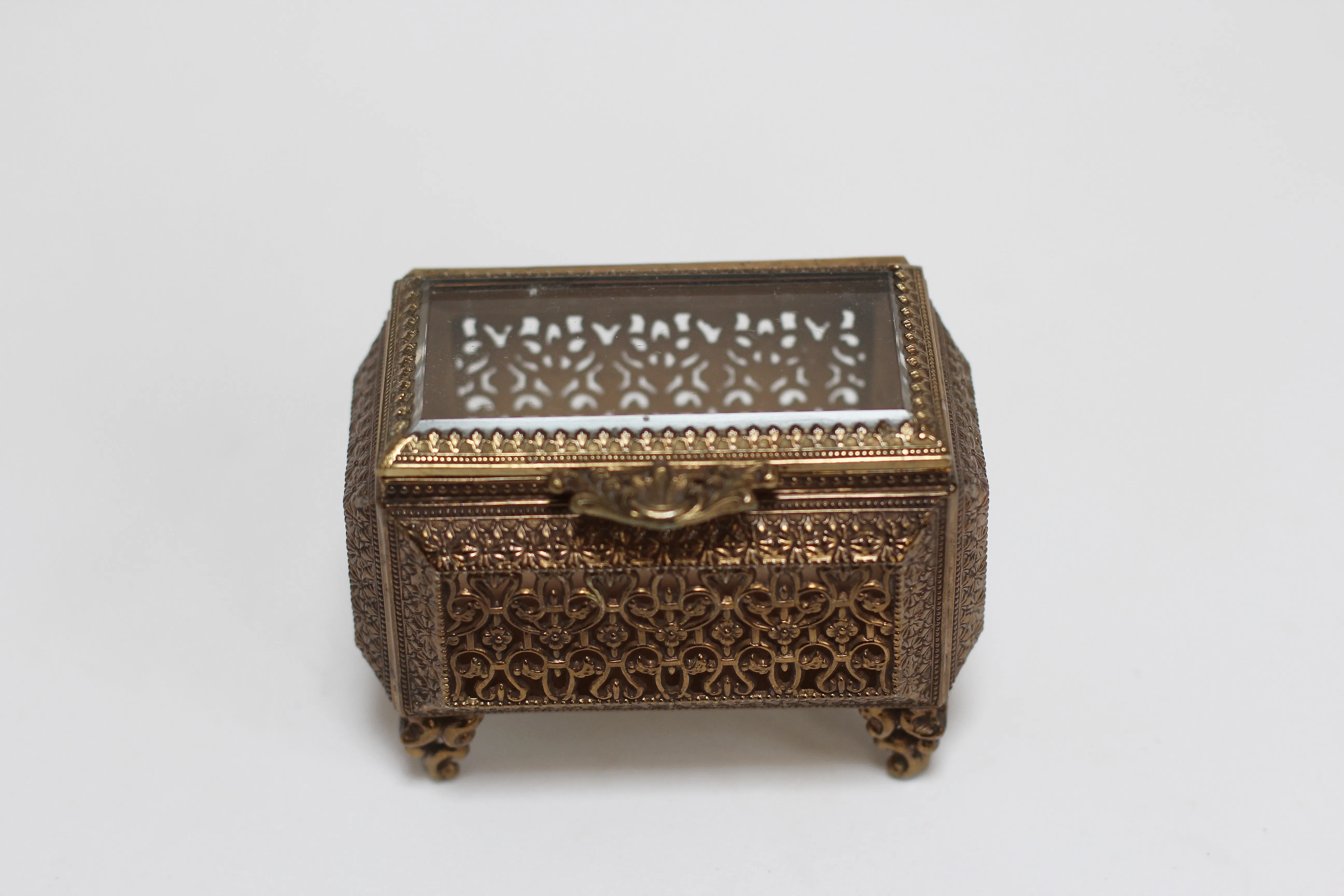 Antique Filigree Glass Victorian Jewelry Box