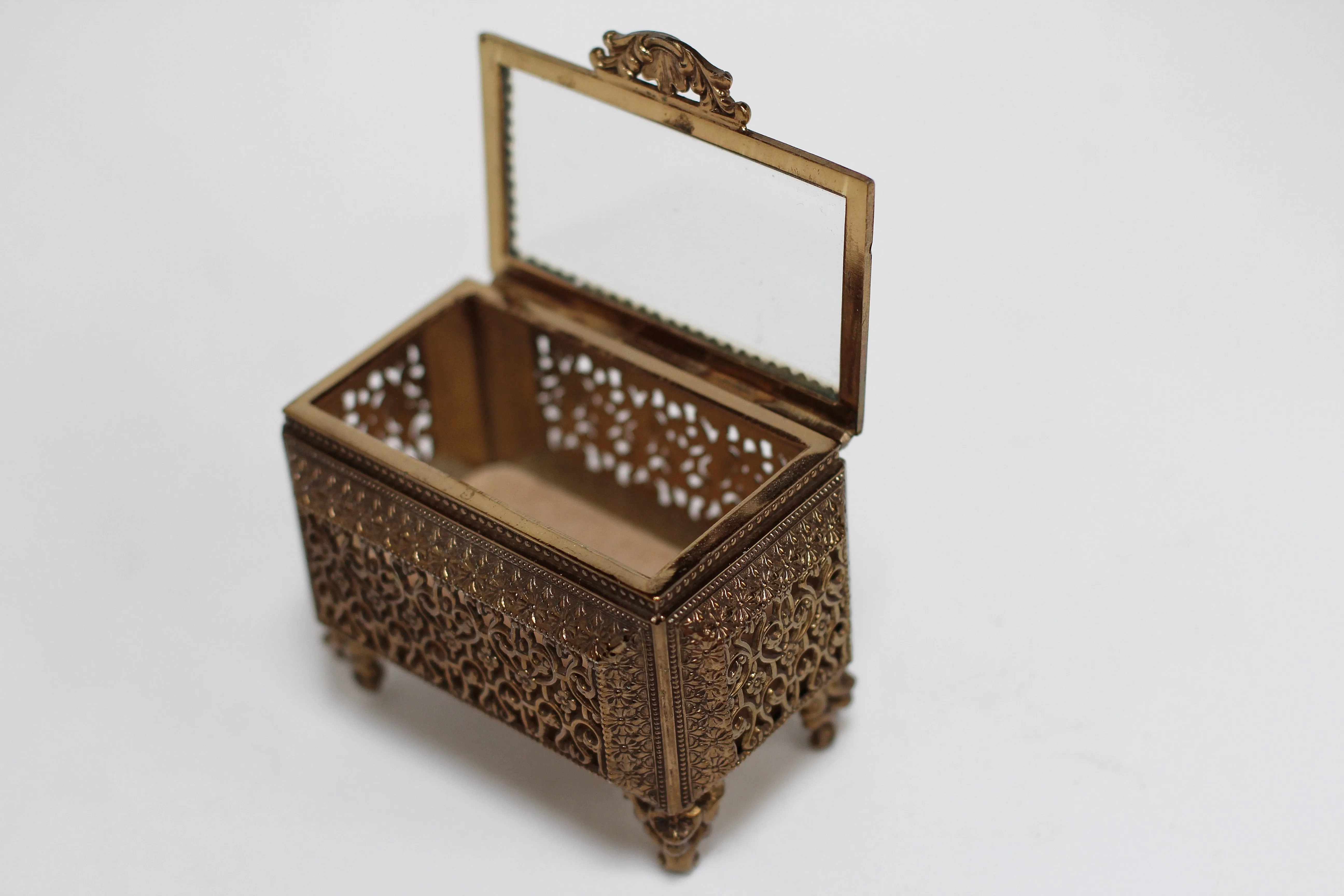 Antique Filigree Glass Victorian Jewelry Box