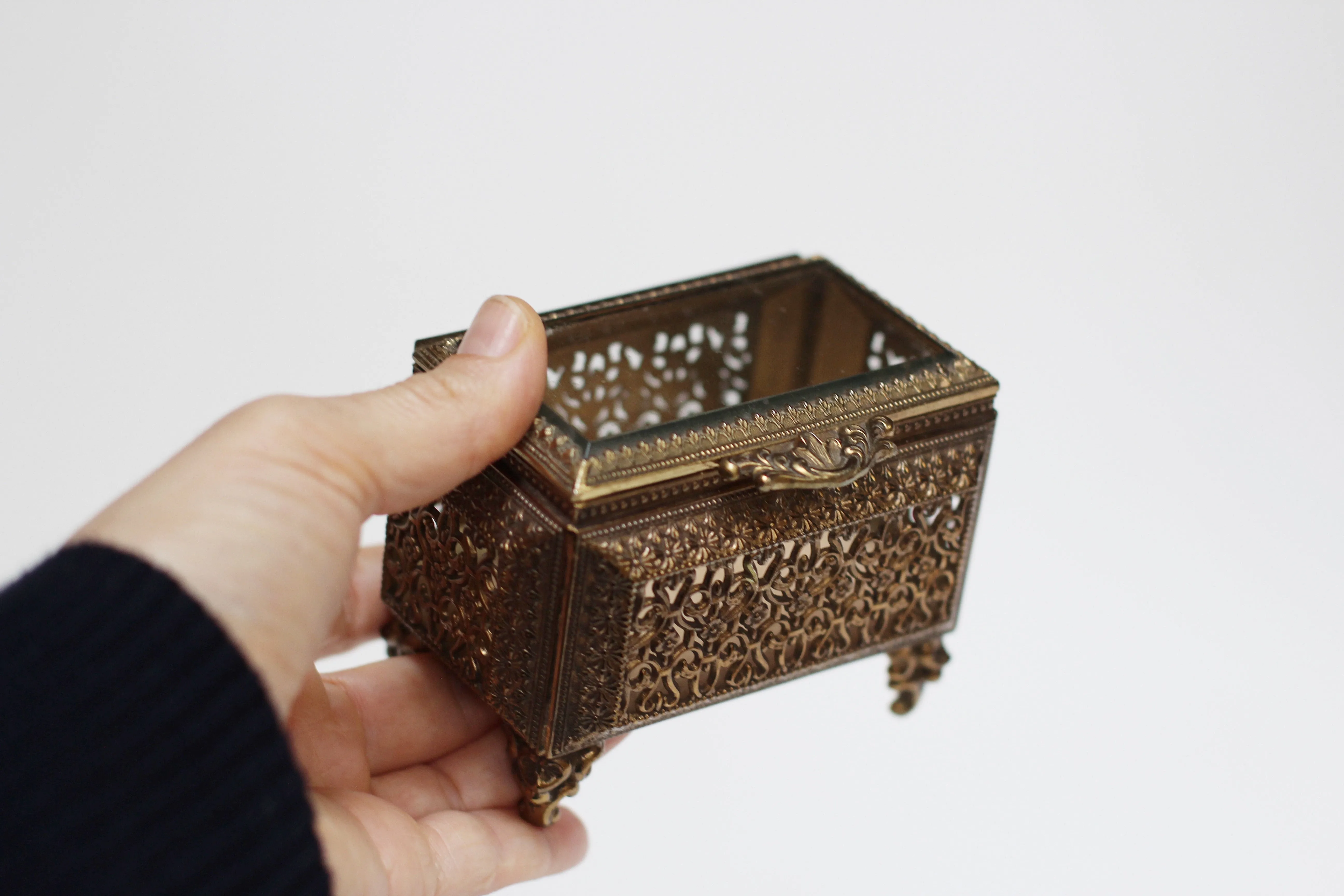 Antique Filigree Glass Victorian Jewelry Box