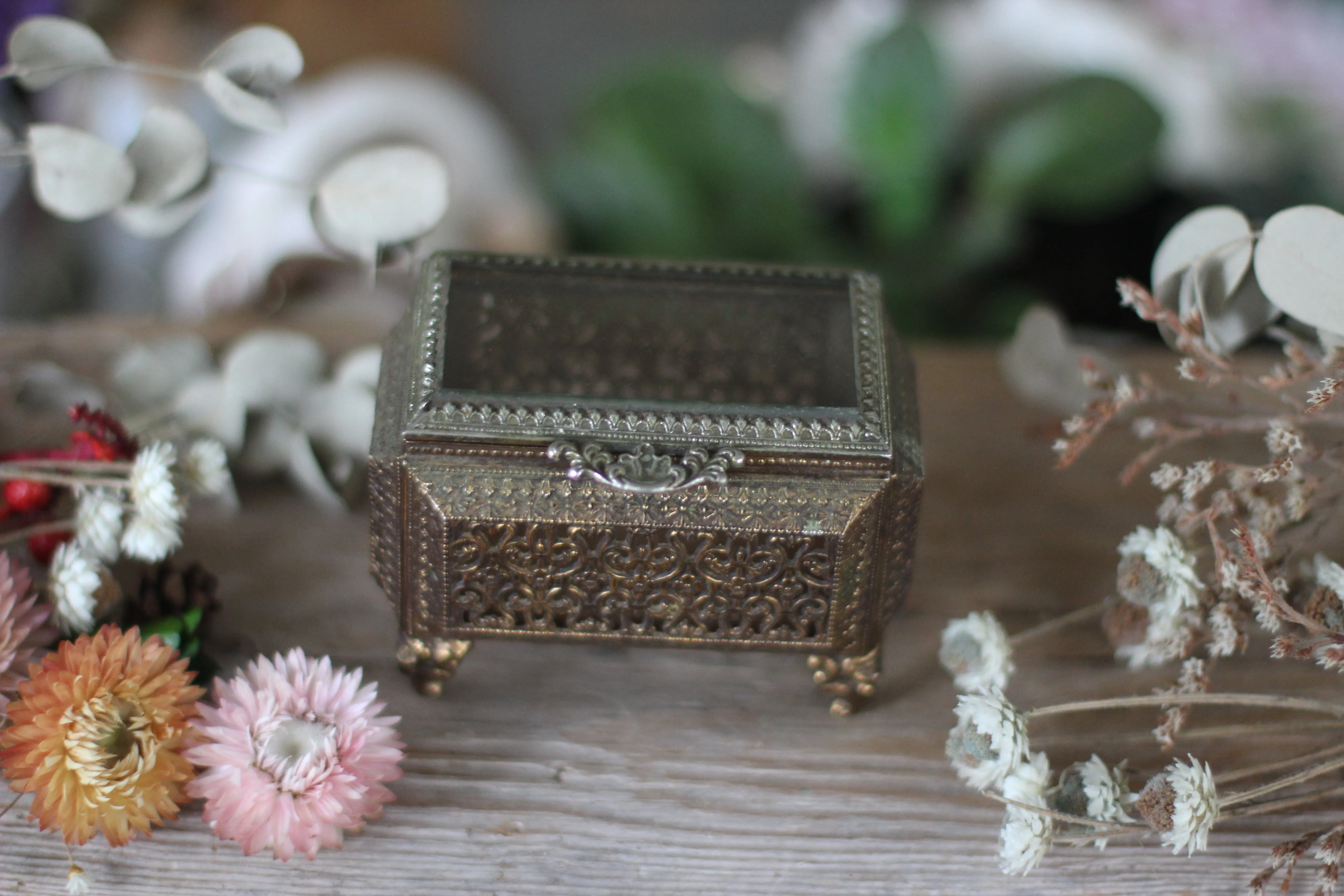 Antique Filigree Glass Victorian Jewelry Box