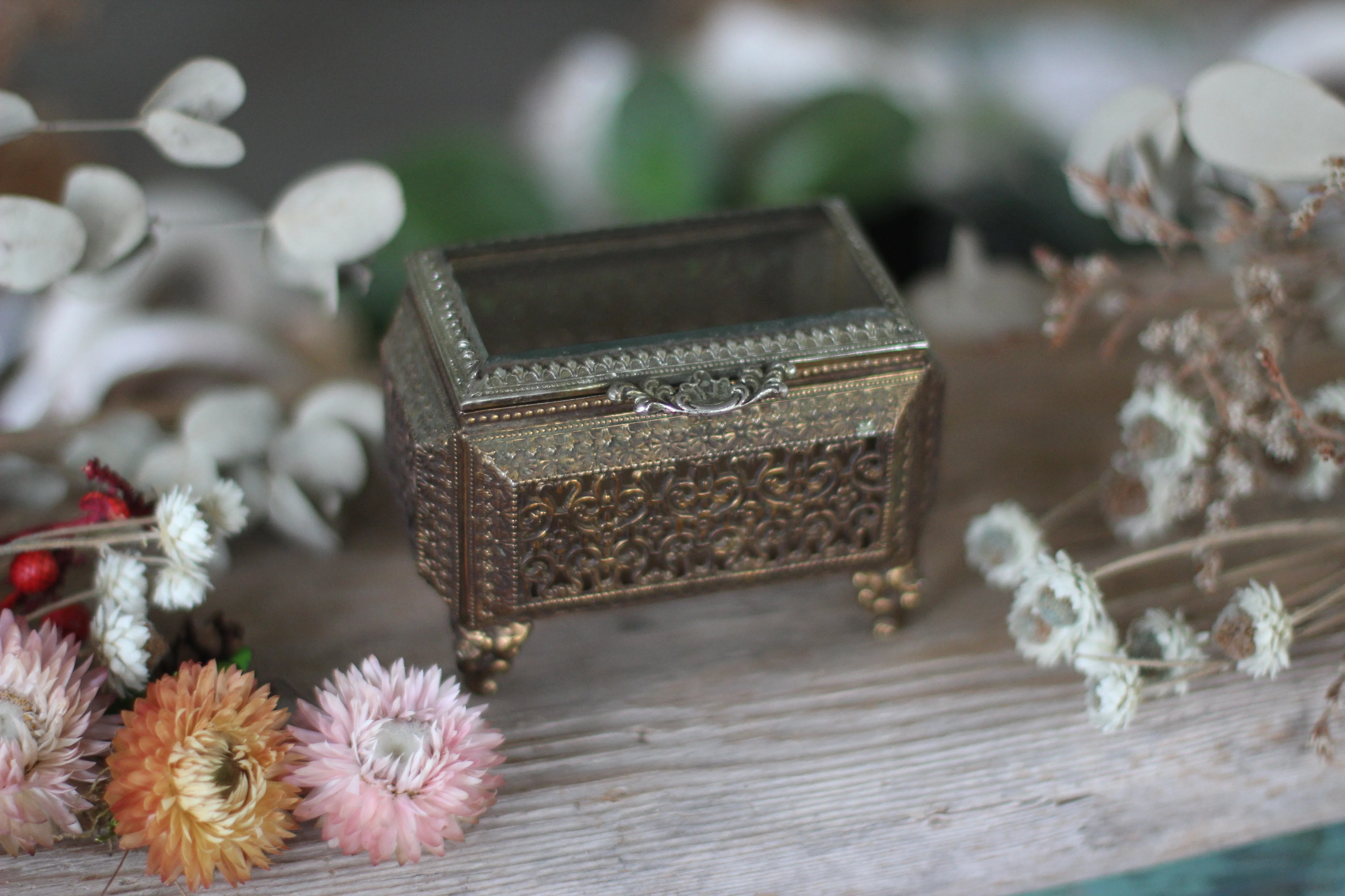 Antique Filigree Glass Victorian Jewelry Box