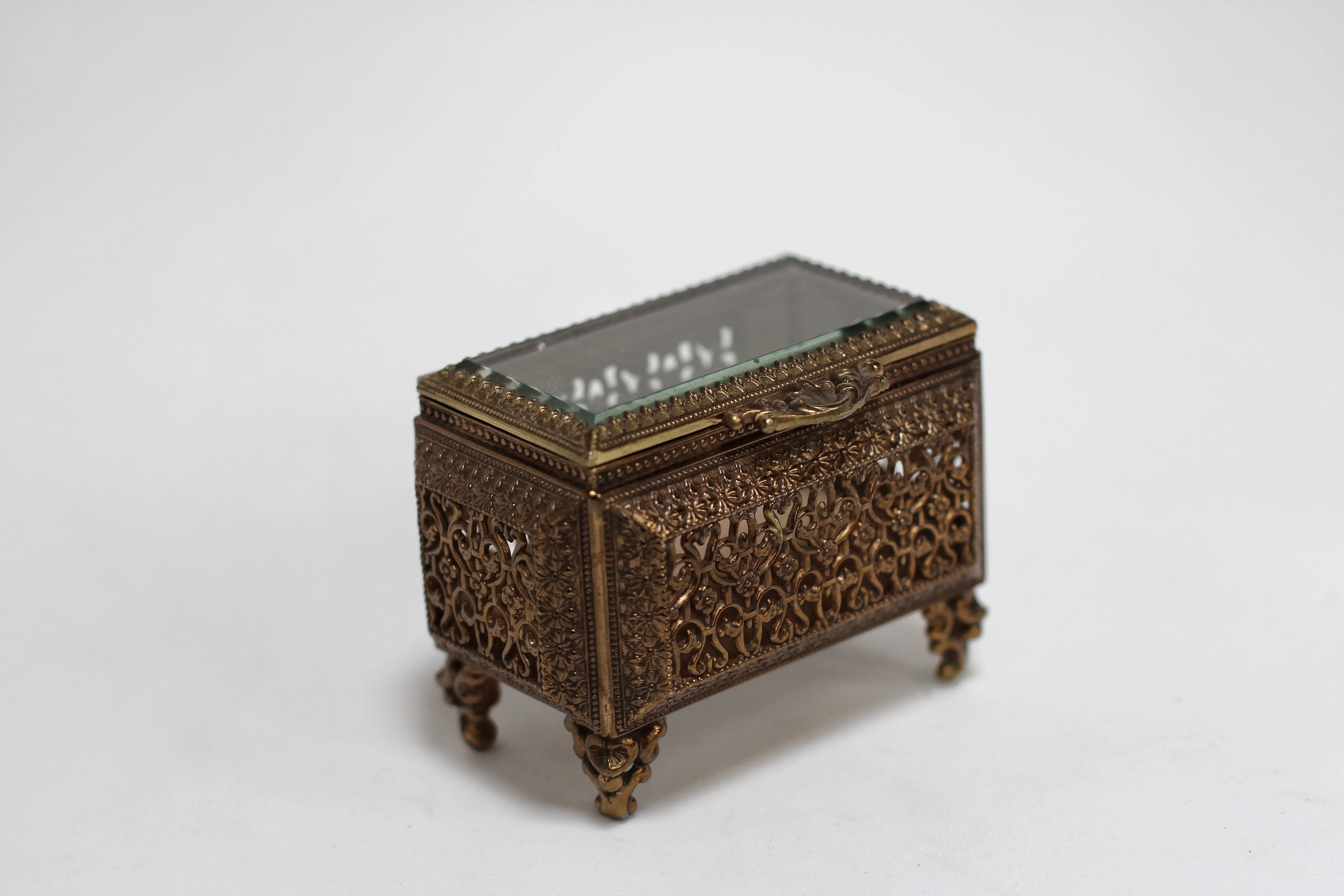 Antique Filigree Glass Victorian Jewelry Box