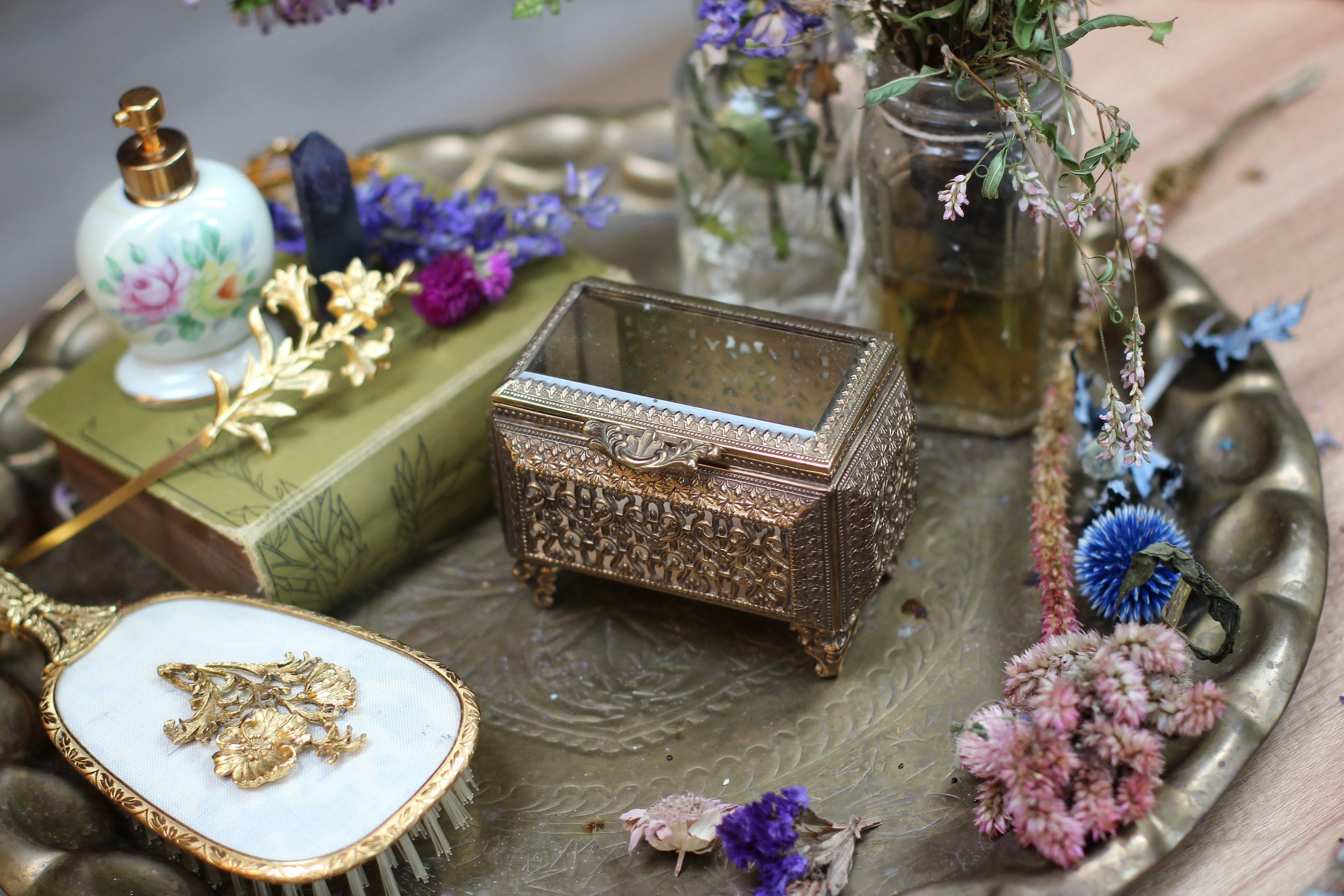 Antique Filigree Glass Victorian Jewelry Box