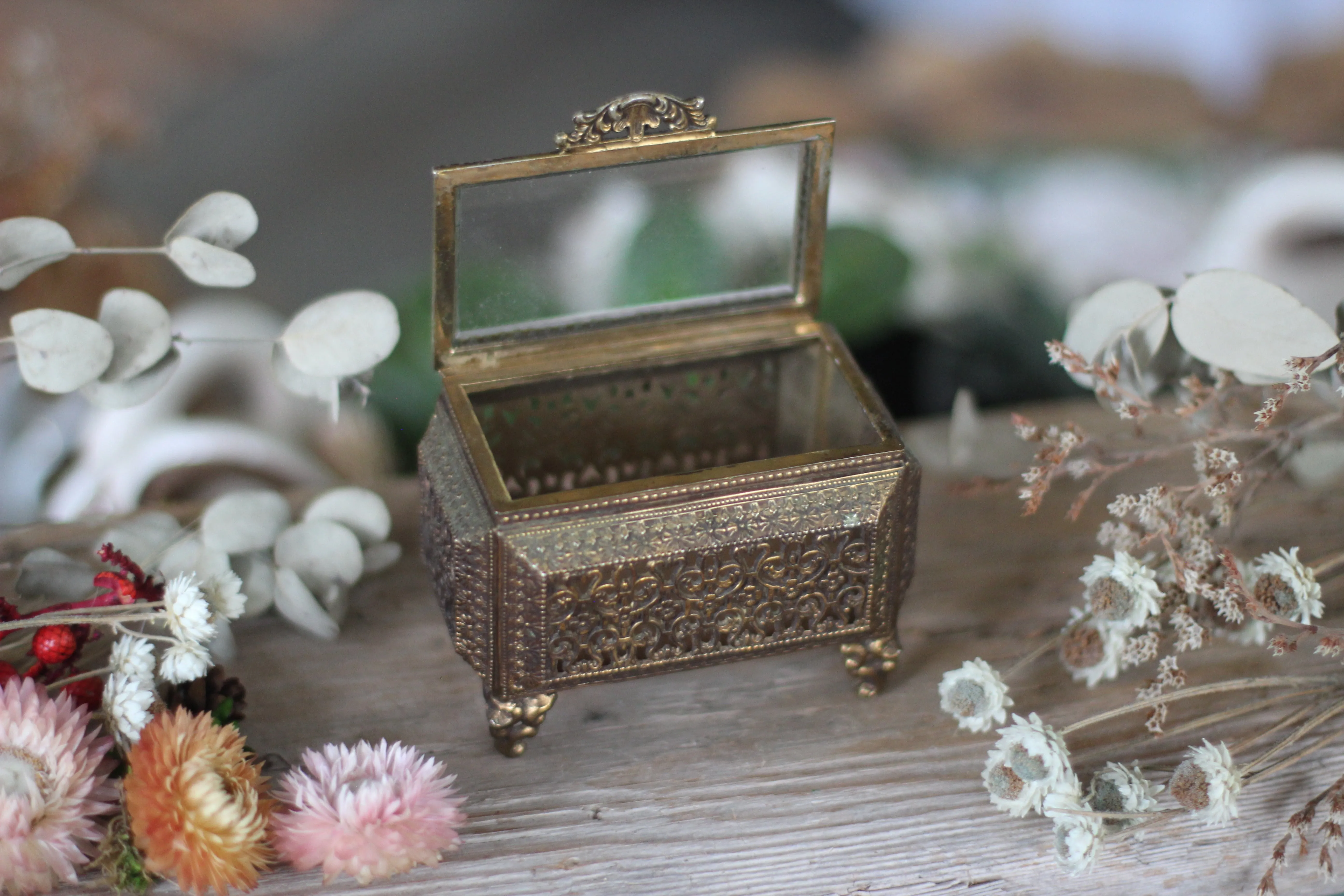 Antique Filigree Glass Victorian Jewelry Box