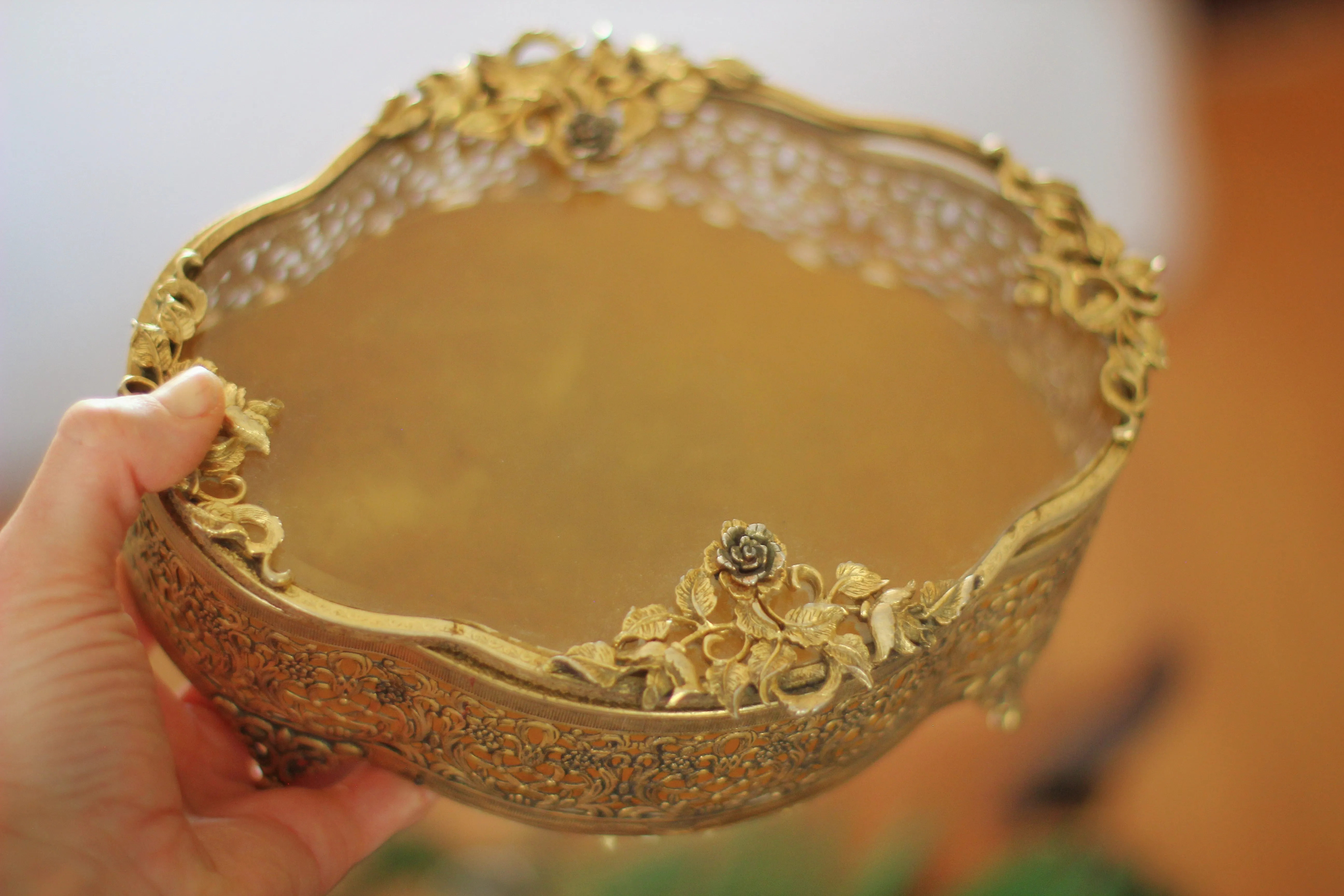 Antique Filigree Roses Jewelry Box