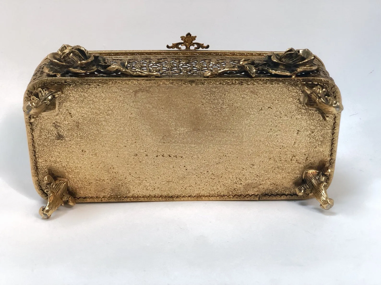 Antique Floral Rose Ormolu Bronze Filigree Jewelry Box