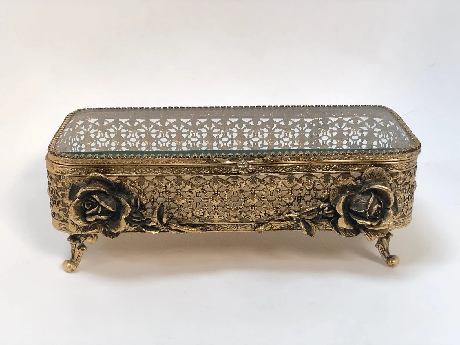 Antique Floral Rose Ormolu Bronze Filigree Jewelry Box