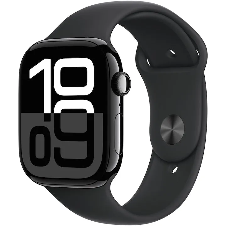 Apple Watch Series 10 GPS, Carcasa Jet Black Aluminium 46mm, Black Sport Band - S/M