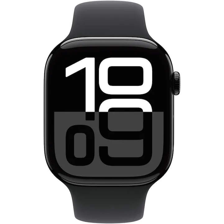 Apple Watch Series 10 GPS, Carcasa Jet Black Aluminium 46mm, Black Sport Band - S/M