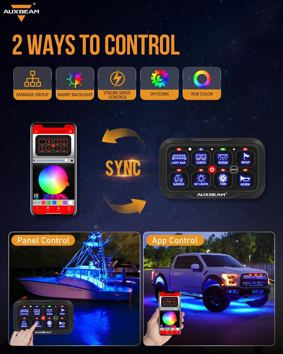 AR-800 Multifunction RGB Switch Panel with Bluetooth Controlled & 47 Inch Extension Cable(Optional) for Toyota 4Runner