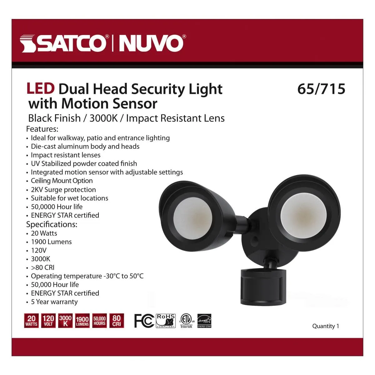 Black LED Security Light; Dual Head; Motion Sensor Included