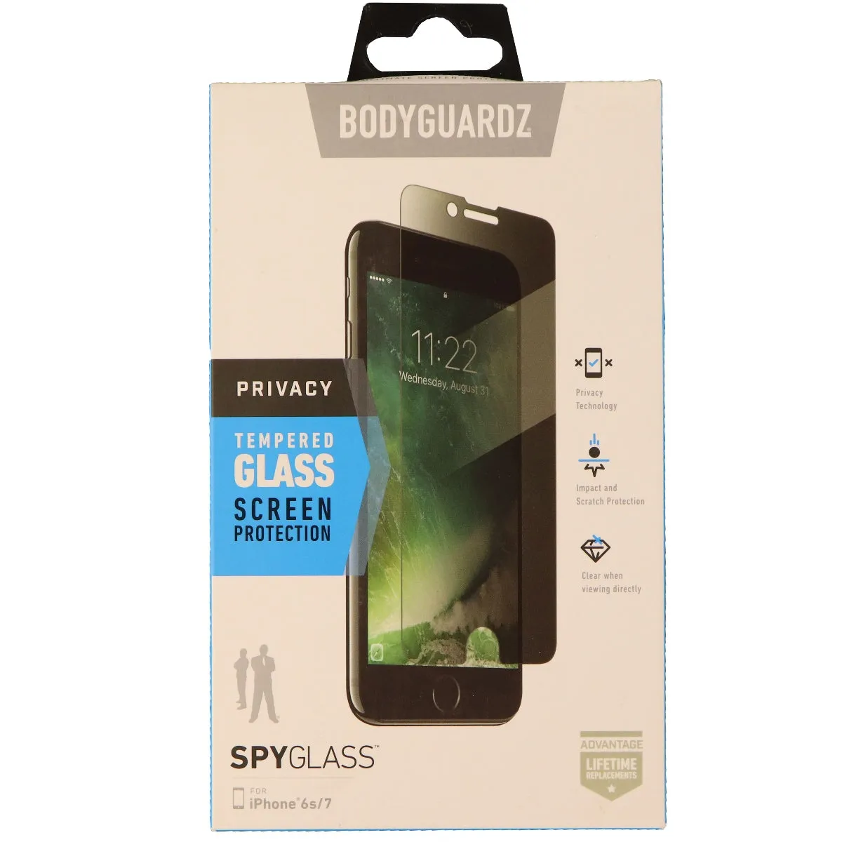 BodyGuardz Spy Glass Tempered Glass Screen for iPhone 7 6s - Privacy Tinted