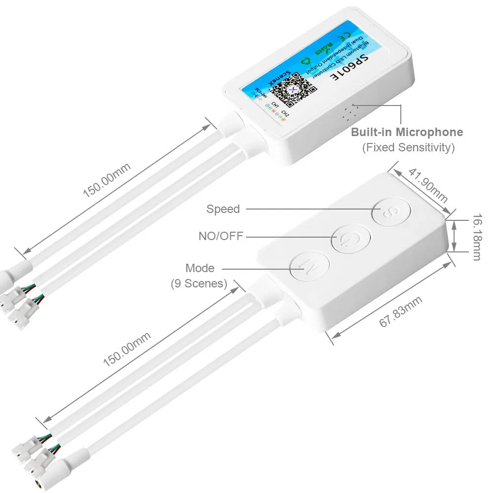 Built-in Mic Music SP601E Bluetooth Controller with Dual Signal Output Ports for WS2812B WS2811 1903 LED Pixel Strip Light IOS Android App /3 Keys Button/RF Remote Control