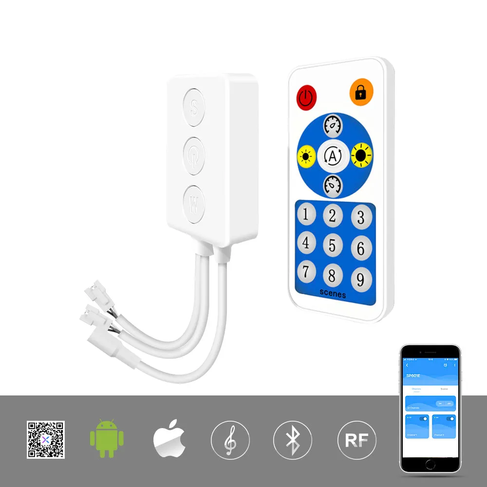 Built-in Mic Music SP601E Bluetooth Controller with Dual Signal Output Ports for WS2812B WS2811 1903 LED Pixel Strip Light IOS Android App /3 Keys Button/RF Remote Control