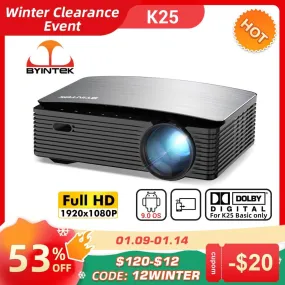 BYINTEK K25 Full HD 4K 1920x1080P LCD Smart Android 9.0 Wifi LED Video Home Theater Cinema 1080P Projector for Smartphone