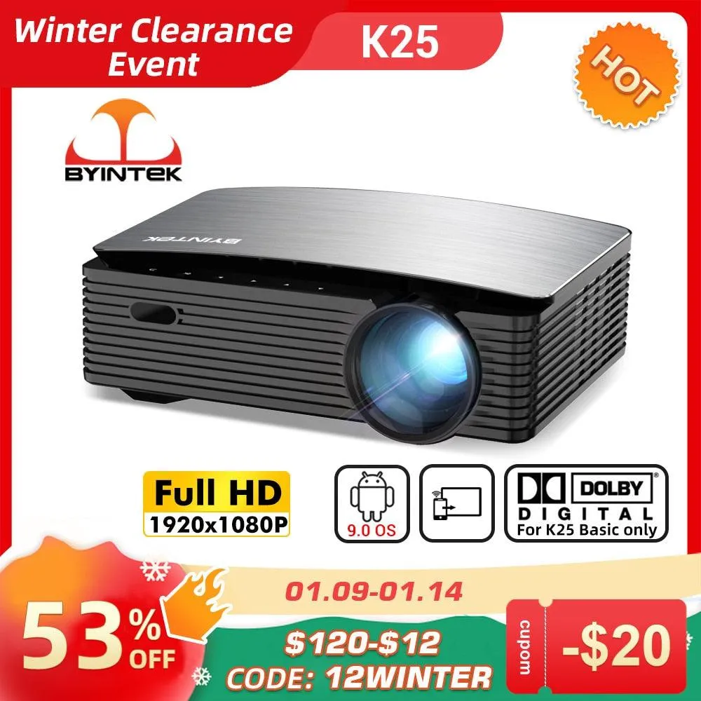 BYINTEK K25 Full HD 4K 1920x1080P LCD Smart Android 9.0 Wifi LED Video Home Theater Cinema 1080P Projector for Smartphone