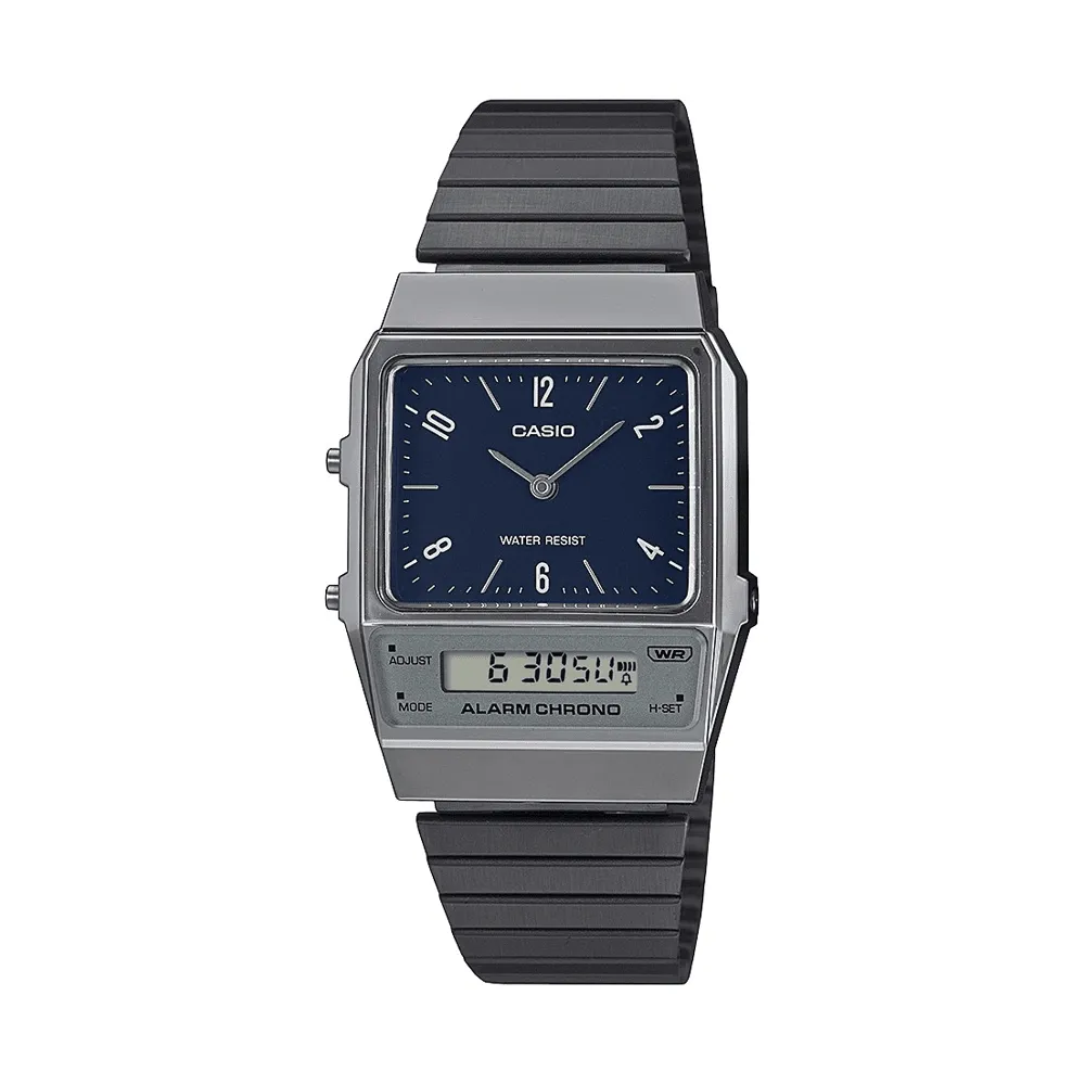 Casio Duo Retro Colour Dual Time Alarm StopwatchBlack Face Black Ip Stainless Steel Band AQ800EB-2A