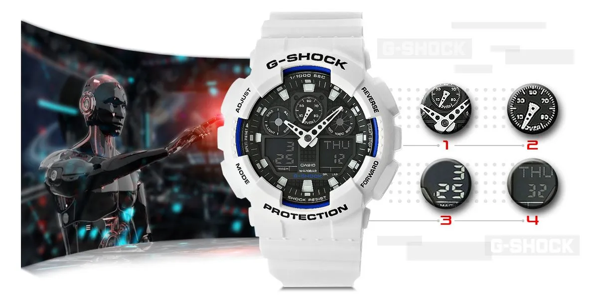 CASIO GA-100 Series Analog-Digital White Watch #GA-100B-7AER