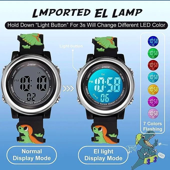 Cofuo Kids Digital Sport Waterproof Watch for Girls Boys, Kid Sports Outdoor LED  Wristwatch Dinosaur