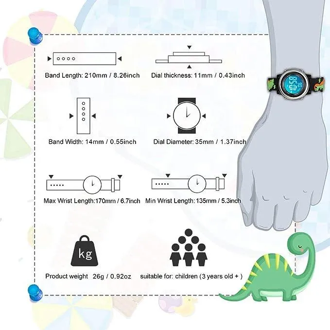 Cofuo Kids Digital Sport Waterproof Watch for Girls Boys, Kid Sports Outdoor LED  Wristwatch Dinosaur