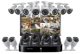 Complete Security Camera System with 16-Channel 4K DVR, Twelve 1080p Outdoor Bullets, Four 1080p Motororized Varifocal Domes and Monitor