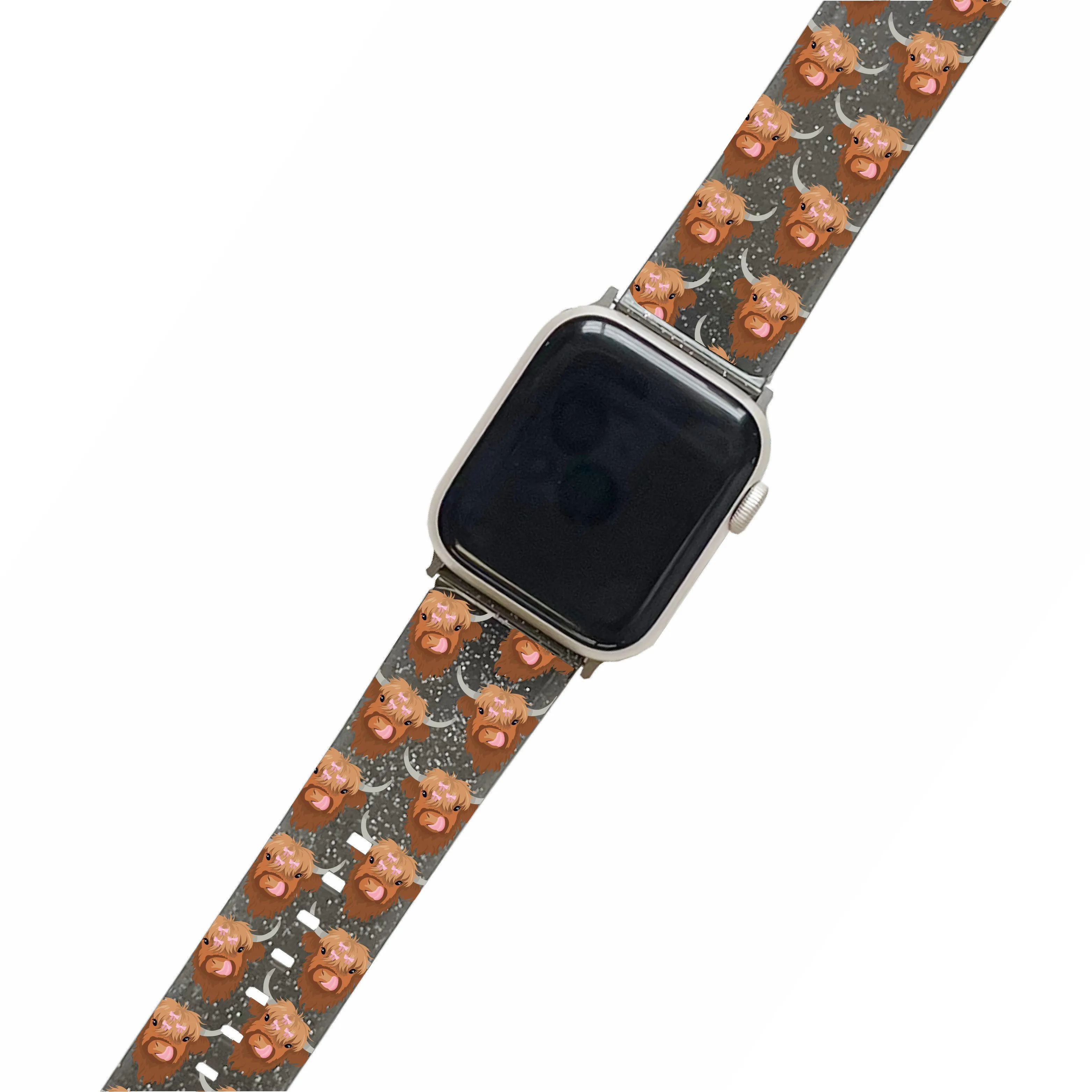 Connie the Highland Cow Black Glitter Smartwatch Strap