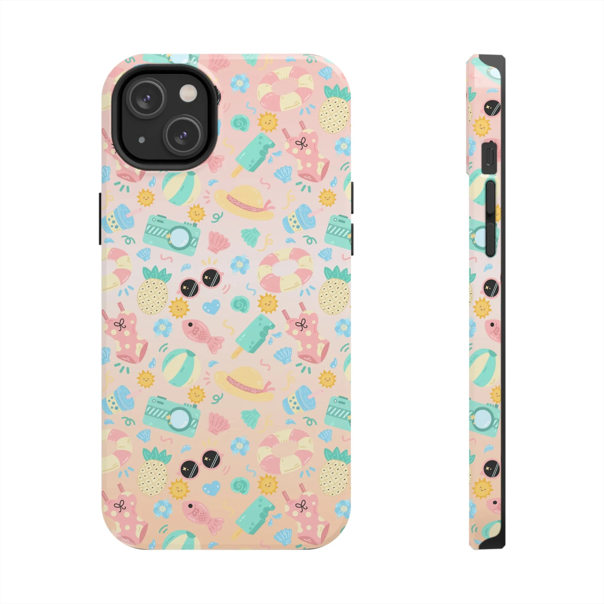 Cute Summer Vibes iPhone Case, Tropical Beach Icons Phone Cover, Pastel Colored Accessory Design, Protective Case for iPhone Models, Tough Phone Case