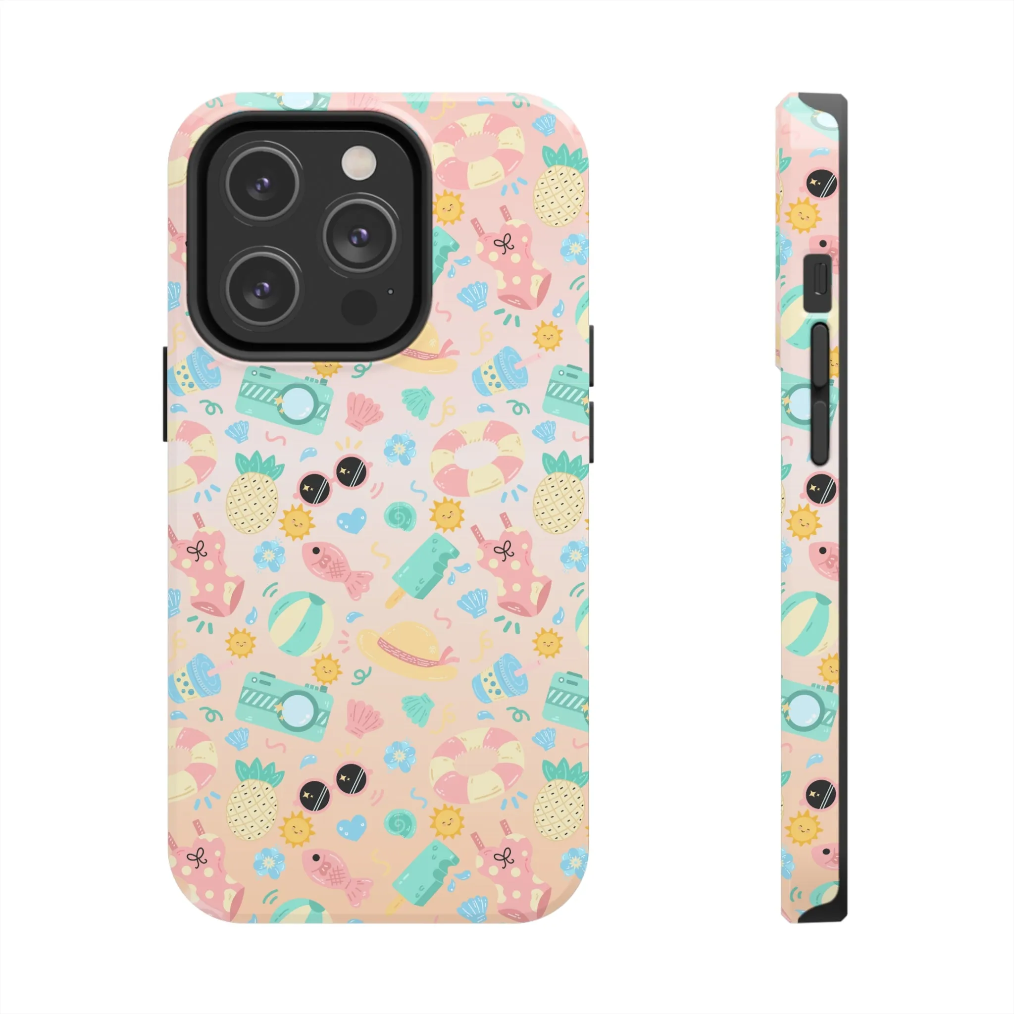 Cute Summer Vibes iPhone Case, Tropical Beach Icons Phone Cover, Pastel Colored Accessory Design, Protective Case for iPhone Models, Tough Phone Case