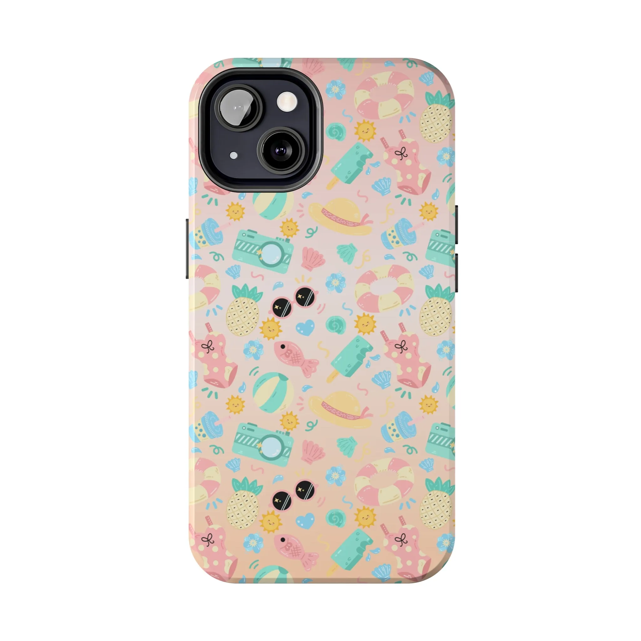 Cute Summer Vibes iPhone Case, Tropical Beach Icons Phone Cover, Pastel Colored Accessory Design, Protective Case for iPhone Models, Tough Phone Case