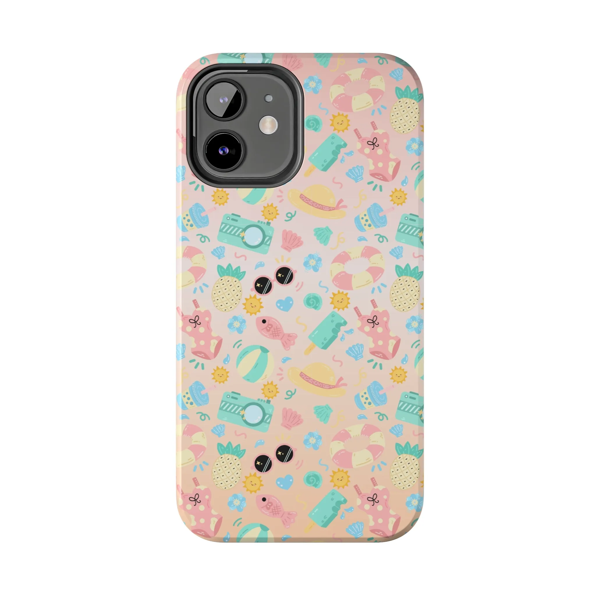 Cute Summer Vibes iPhone Case, Tropical Beach Icons Phone Cover, Pastel Colored Accessory Design, Protective Case for iPhone Models, Tough Phone Case