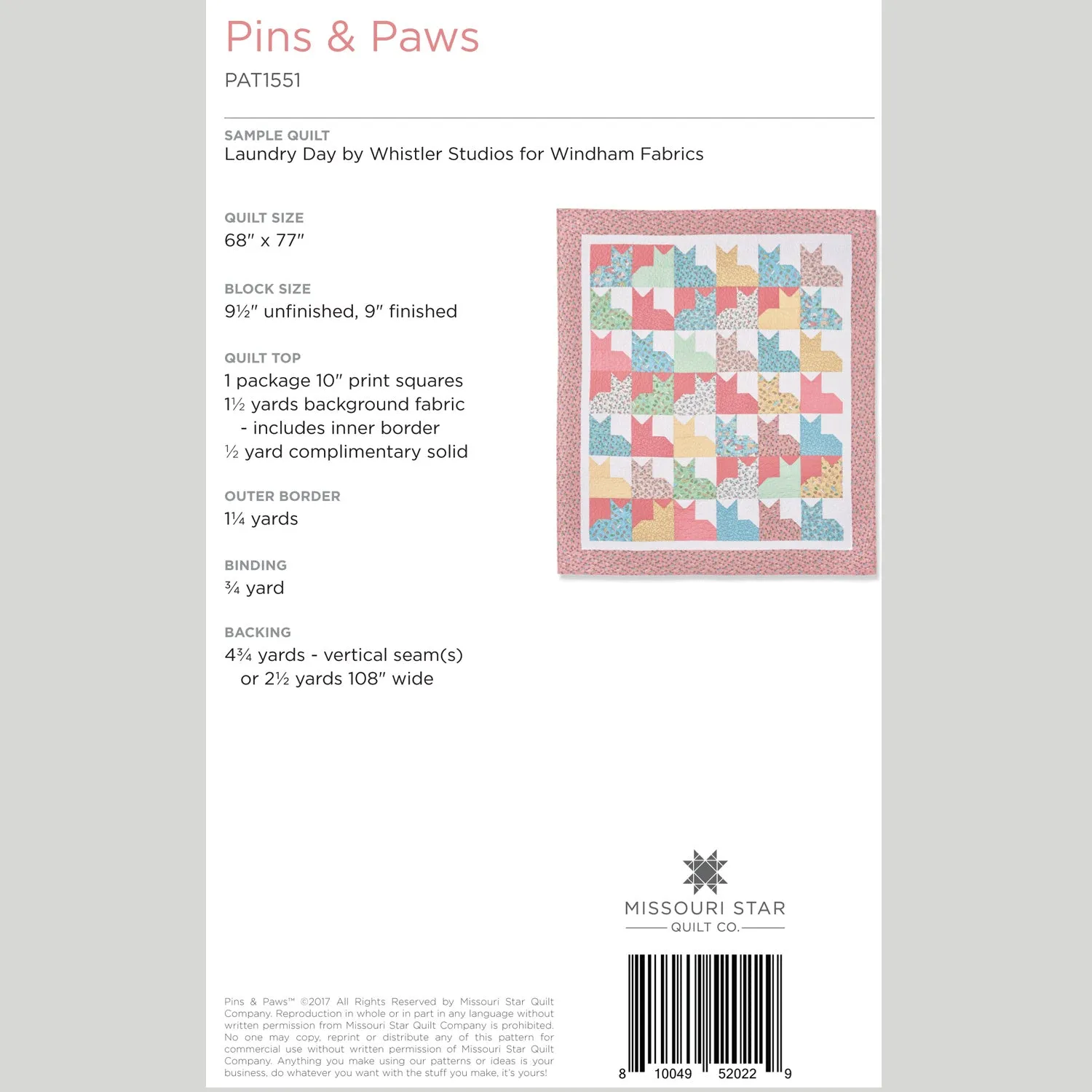 Digital Download - Pins & Paws Quilt Pattern by Missouri Star