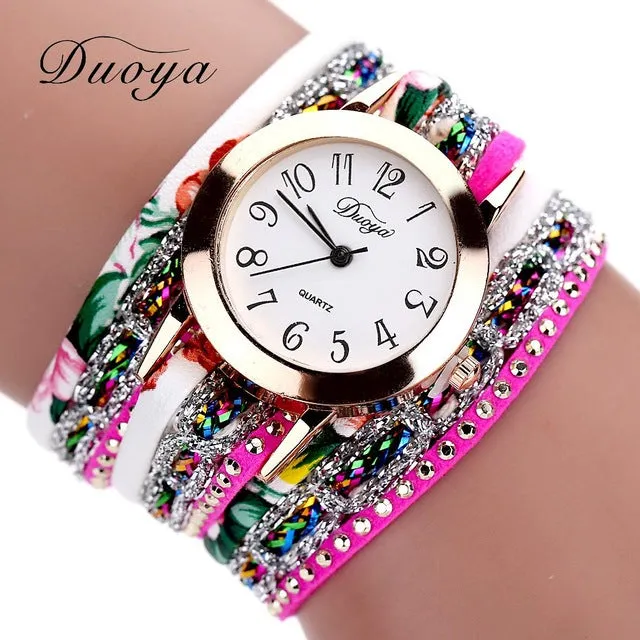 Duoya Brand Fashion Round Dial Quartz Watch Women Flower Wristwatch Steel Luxury Bracelet Watch Multilayer Leather Wrist Watch