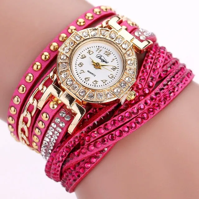 Duoya Brand Fashion Round Dial Quartz Watch Women Flower Wristwatch Steel Luxury Bracelet Watch Multilayer Leather Wrist Watch