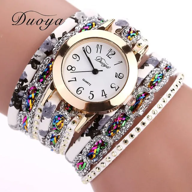 Duoya Brand Fashion Round Dial Quartz Watch Women Flower Wristwatch Steel Luxury Bracelet Watch Multilayer Leather Wrist Watch