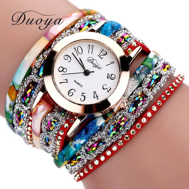 Duoya Brand Fashion Round Dial Quartz Watch Women Flower Wristwatch Steel Luxury Bracelet Watch Multilayer Leather Wrist Watch