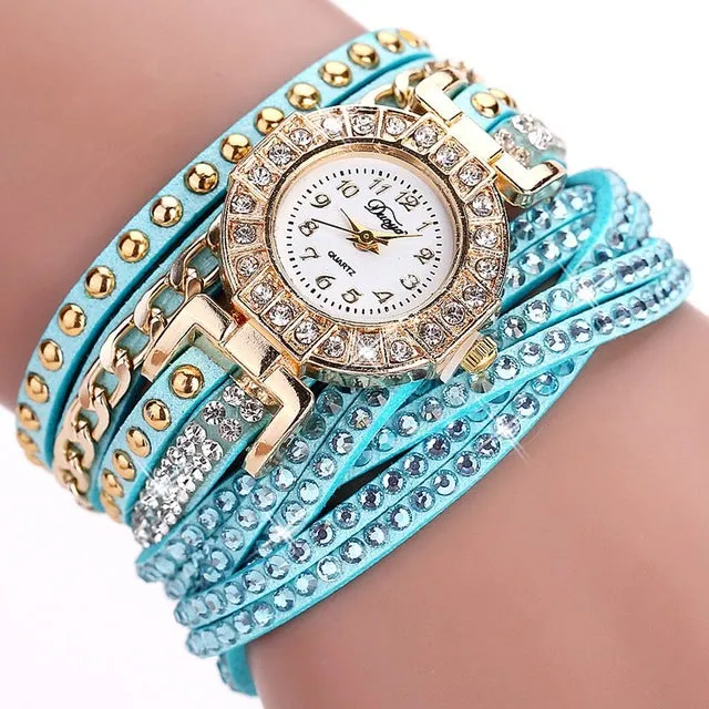 Duoya Brand Fashion Round Dial Quartz Watch Women Flower Wristwatch Steel Luxury Bracelet Watch Multilayer Leather Wrist Watch