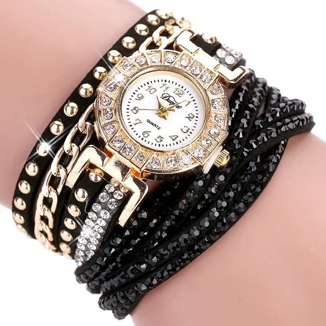 Duoya Brand Fashion Round Dial Quartz Watch Women Flower Wristwatch Steel Luxury Bracelet Watch Multilayer Leather Wrist Watch