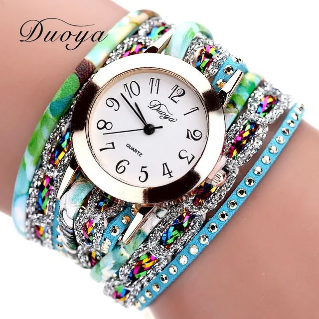 Duoya Brand Fashion Round Dial Quartz Watch Women Flower Wristwatch Steel Luxury Bracelet Watch Multilayer Leather Wrist Watch