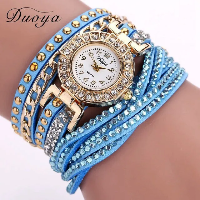 Duoya Brand Watches For Women Gold Fashion Bracelet Crystal Rhinestone Wristwatch Leather Casual Electronic Quartz Clock Watch