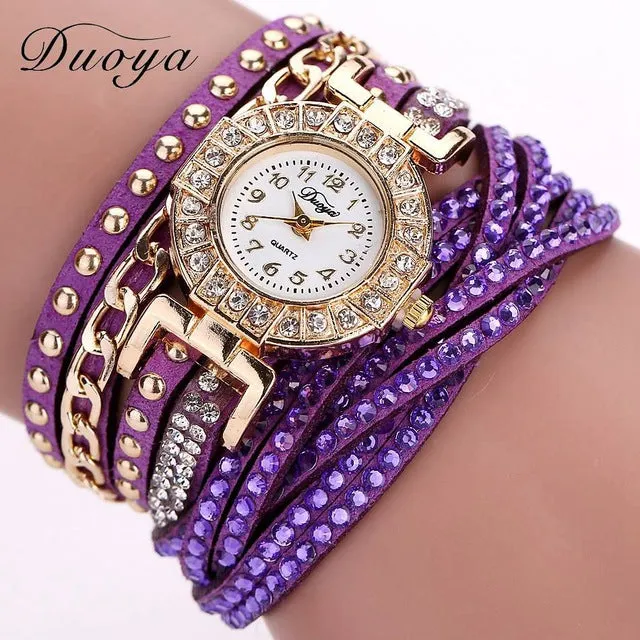 Duoya Brand Watches For Women Gold Fashion Bracelet Crystal Rhinestone Wristwatch Leather Casual Electronic Quartz Clock Watch