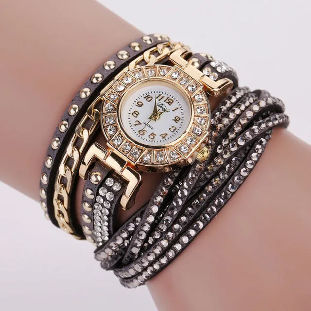 Duoya Brand Watches For Women Gold Fashion Bracelet Crystal Rhinestone Wristwatch Leather Casual Electronic Quartz Clock Watch