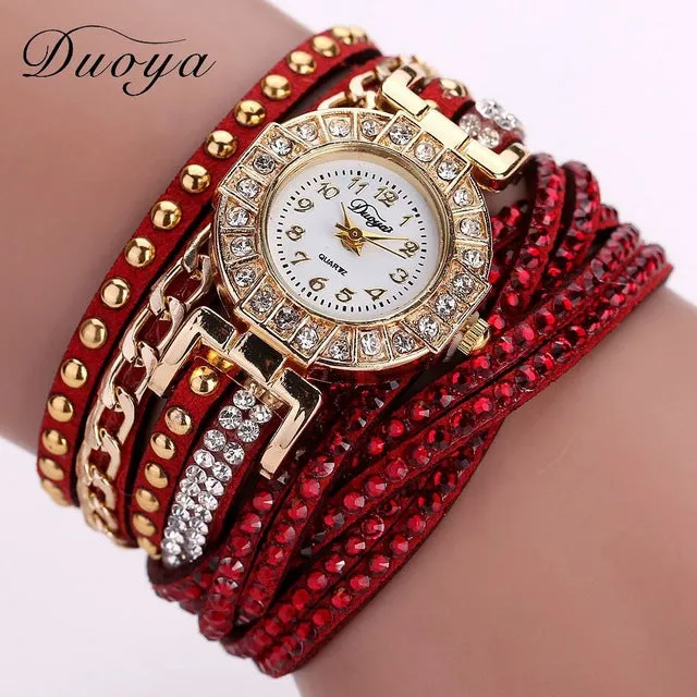 Duoya Brand Watches For Women Gold Fashion Bracelet Crystal Rhinestone Wristwatch Leather Casual Electronic Quartz Clock Watch